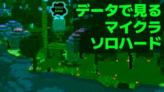 「データで見る マイクラ ソロハード」 高いところから下を見下げている、ナイトビジョンのように緑がかった画像。川沿いに畑があり、家が建っている。家の前にはエンダードラゴンの卵があり、屋根の上にはハッピーガストがいて、吹き出しには「01011 10010」と書かれている。家の周りには桜の木が2本あり、少し離れたところにネザーゲートがある。